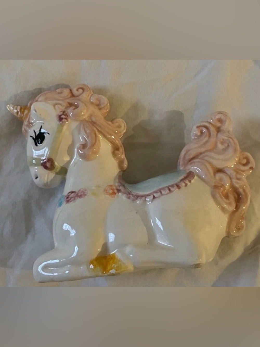 Vintage Ceramic Unicorn Figurine Decor. Pretty Fairytale pink blue cream. Sweet